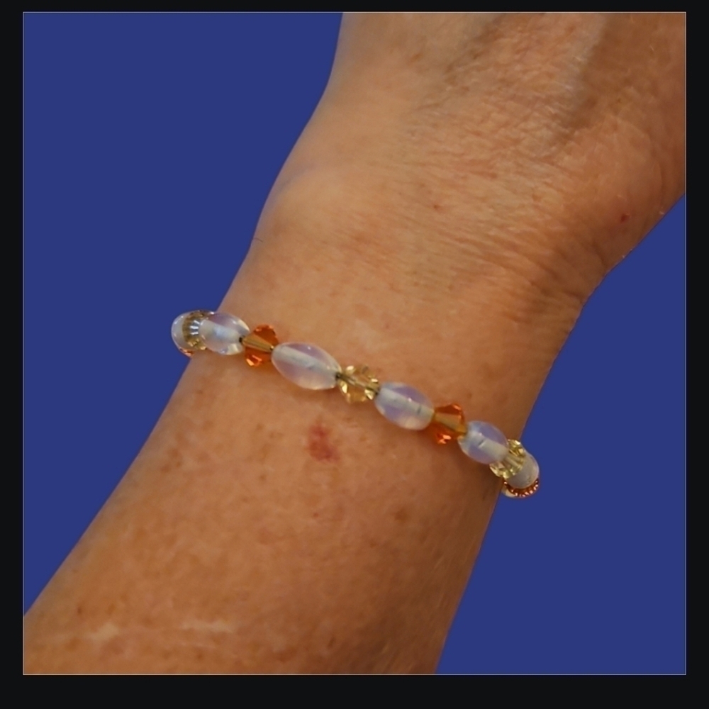 HANDMADE Opalite Swarovski Crystal Beaded Bangle Toggle Bracelet Horse Charm